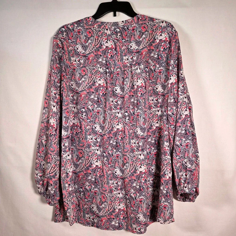 Pink Blue Paisley Boho Cottagecore Button Front Blouse‎ Feminine Plus  Size 1X